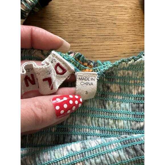 Dolan Anthropologie Left Coast Green Smocked Top Sm‎ Puff Sleeve Tropical Toucan - Picture 4 of 11